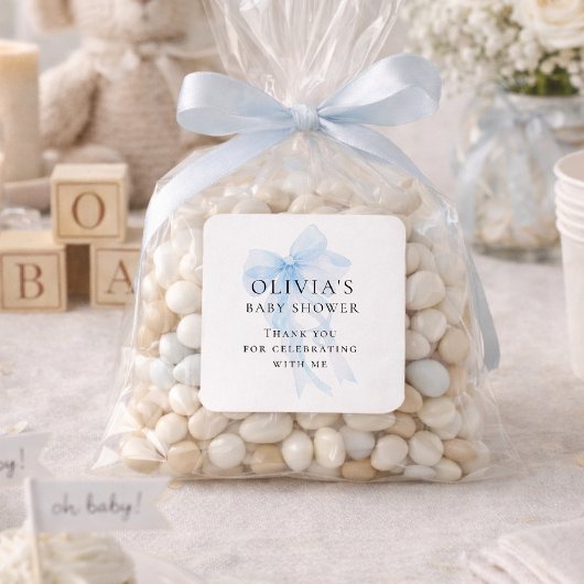 Sticker Carré Soft Blue Bow Text Thank You Baby Shower