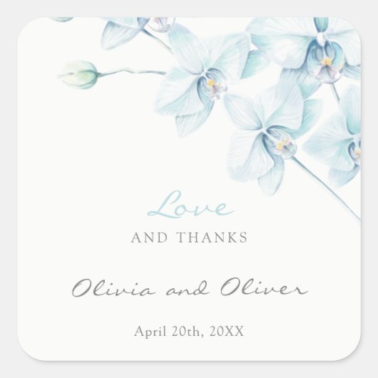 Sticker Carré Soft Blue Orchid Mariage Amour et Merci (Devant)