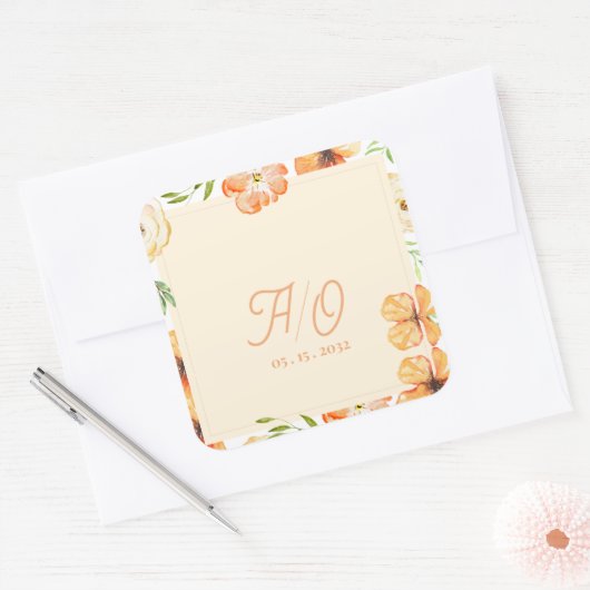 Sticker Carré Soft Peach Garden Floral Monogram Wedding (Enveloppe)