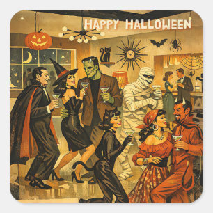 Sticker Carré Soirée Martini Halloween Rétro Milieu de Siècle 50