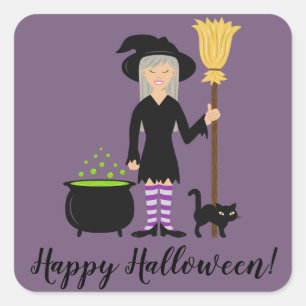 Sticker Carré Sorcière avec un chat et texte Joyeux Halloween