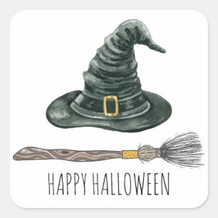 Sticker Carré Sorcière Casquette Et Broomstick Halloween Party
