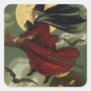 Sticker Carré Sorcière de Halloween vintage chevauchant un balai