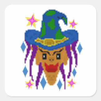 Sticker Carré  Sorcière d'Halloween avec Balai – Pixel Art