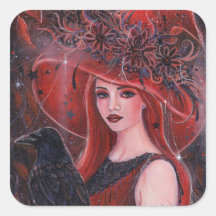 Sticker Carré Sorcière d'Halloween avec carte de corbeau par Ren