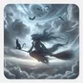 Sticker Carré Sorcière d'Halloween et chat sur une chambre (Devant)