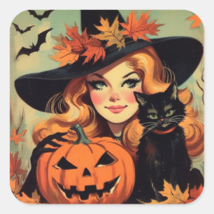 Sticker Carré Sorcière d'Halloween rétro et Chat noir Éffrayant