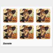 Sticker Carré Sorcière d'Halloween rétro et Chat noir Éffrayant (Feuille)