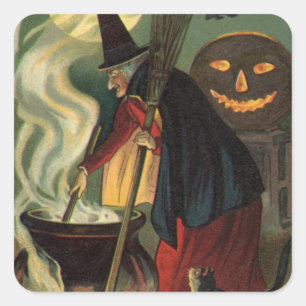 Sticker Carré Sorcière d'Halloween vintage remuant un chaudron m