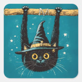 Sticker Carré Sorcière éffrayante de chat noir volant (Devant)