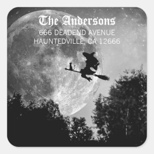 Sticker Carré Sorcière effrayante sur un balai Fête d'Halloween 