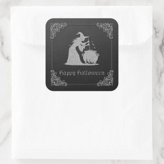 Sticker Carré Sorcière en argent et Halloween Cauldron (Sac)
