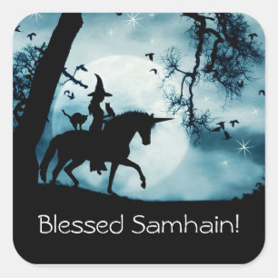 Sticker Carré Sorcière et licorne avec le bienheureux Samhain