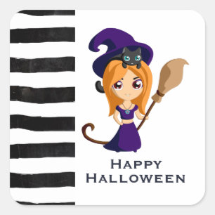 Sticker Carré Sorcière mignonne en Casquette violet Halloween