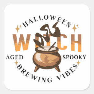 Sticker Carré Sorcière Rétro Halloween Préparant une Potion Favo