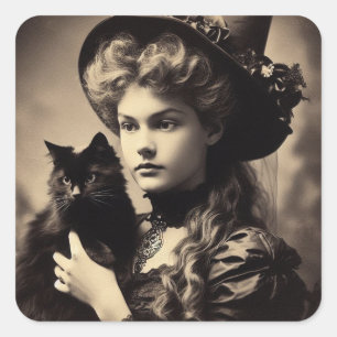 Sticker Carré Sorcière victorienne avec un chat noir photo Vinta