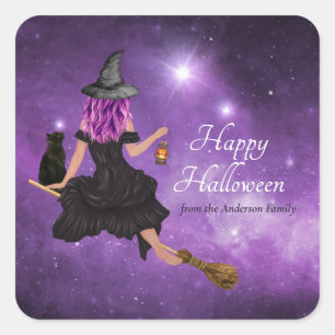 Sticker Carré Sorcière volant Happy Halloween personnalisé