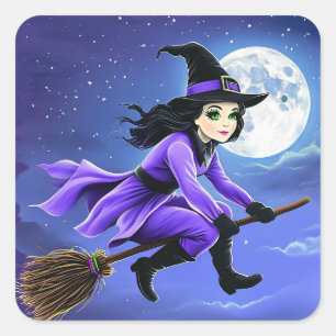 Sticker Carré Sorcière volant sur un balai - Wicca Halloween 1