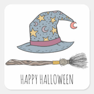Sticker Carré Sorcières Casquette Et Broomstick Halloween Party