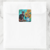STICKER CARRÉ SOUCHES AVEC CHAT NOIR EN TURQUOISE BLEUE (Sac)