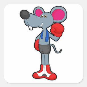 Sticker Carré Souris à Boxing avec gants de Boxing
