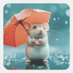 Sticker Carré Souris avec parapluie dans la pluie : belle scène