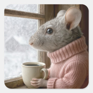 Sticker Carré Souris avec une tasse de café
