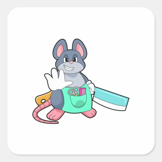 Sticker Carré Souris comme coiffeur avec ciseaux et comble (Devant)