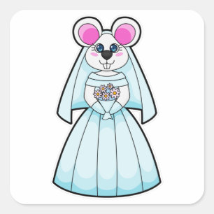 Sticker Carré Souris comme mariée avec bouquet de fleurs