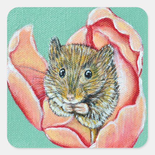 Sticker Carré Souris dans une peinture de tulipe (Devant)