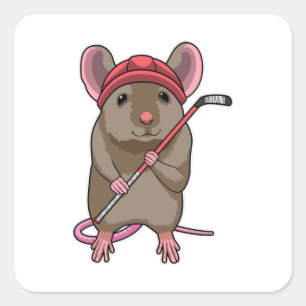 Sticker Carré Souris de hockey sur glace avec bâton de hockey su