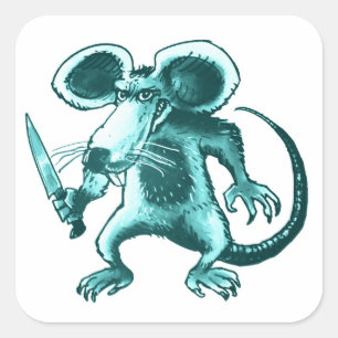 Sticker Carré souris en colère avec un couteau drôle dessin anim