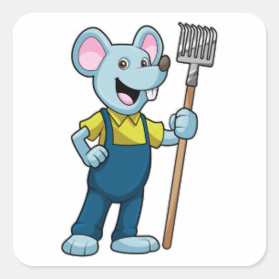 Sticker Carré Souris en fermier avec gâteau