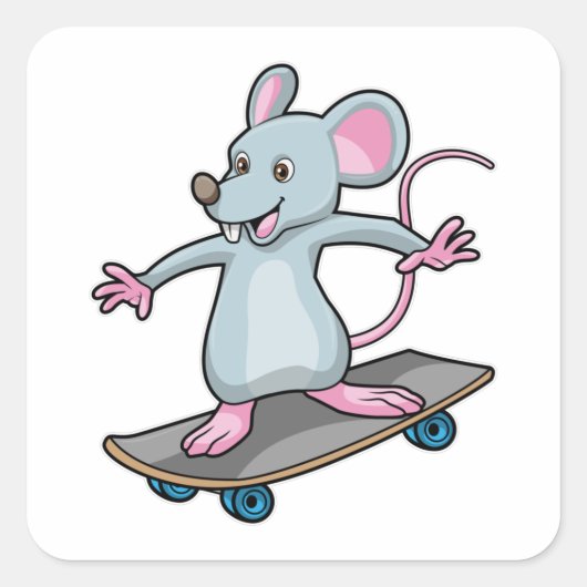 Sticker Carré Souris en skate avec skateboard (Devant)