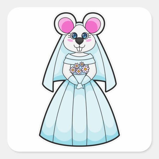 Sticker Carré Souris mariée avec bouquet de fleurs (Devant)