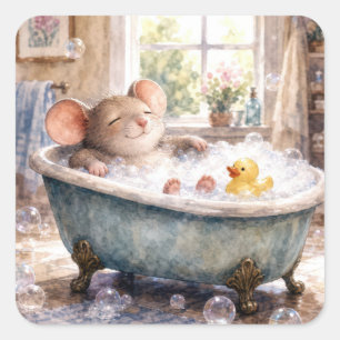 Sticker Carré Souris prenant un bain moussant
