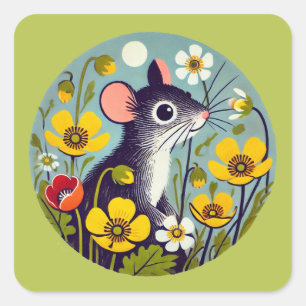 Sticker Carré Souris Rétro avec Bouton d'Or