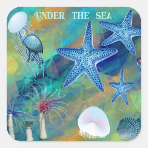 Sticker Carré Sous la mer Anémones Starfish Jellyfish Blue Kid