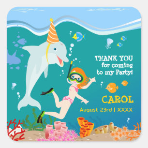 Sticker Carré Sous la mer dauphins et fête d'anniversaire fille
