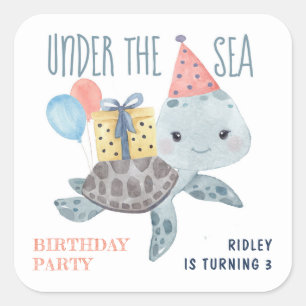 Sticker Carré Sous l'anniversaire de plage pour enfants Tortue d