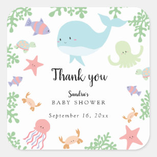 Sticker Carré Sous le Baby shower marin Cute Kawaii Merci