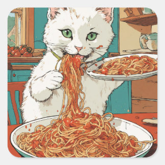Sticker Carré "Spaghetti Cène avec Snowball : Un chat blanc