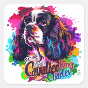 Sticker Carré Spaniel Cavalier King Charles Coloré Chien Vibrant