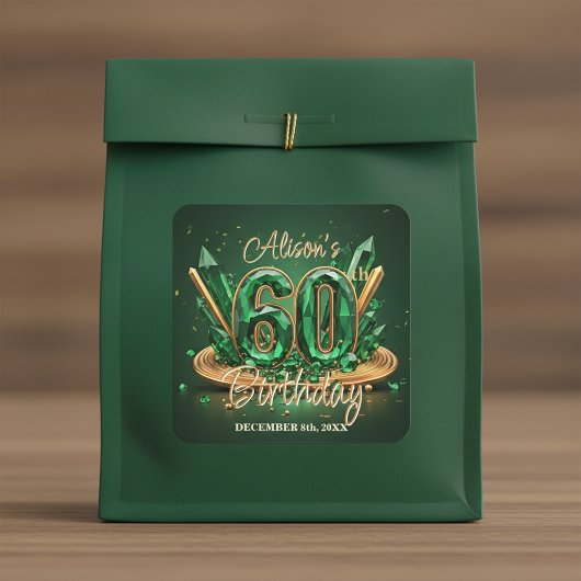 Sticker Carré Sparkling Luxury Emerald Green Gold 60th Birthday