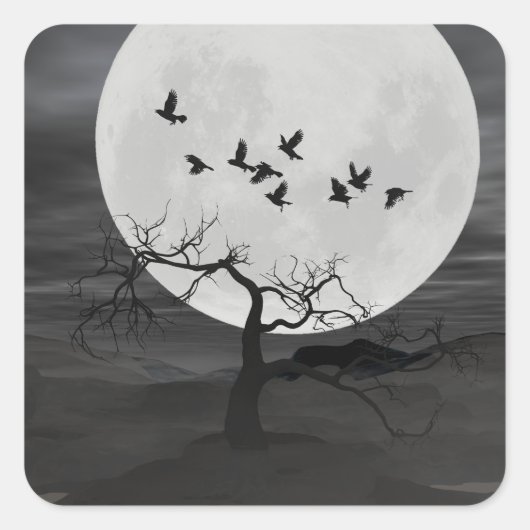 Sticker Carré Spooky Ravens Flying Against the Full Moon (Devant)