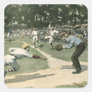 Sticker Carré Sports Anciens, Joueur de Baseball Glissant dans l