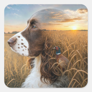Sticker Carré Springer Spaniel anglais et Faisan