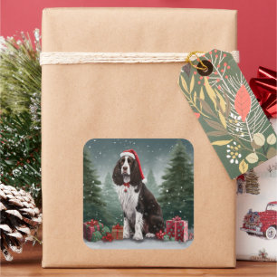 Sticker Carré Springer Spaniel Chien dans la neige Noël
