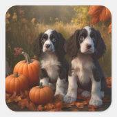 Sticker Carré Springer Spaniel Chiot Automne Citrouille de plais (Devant)