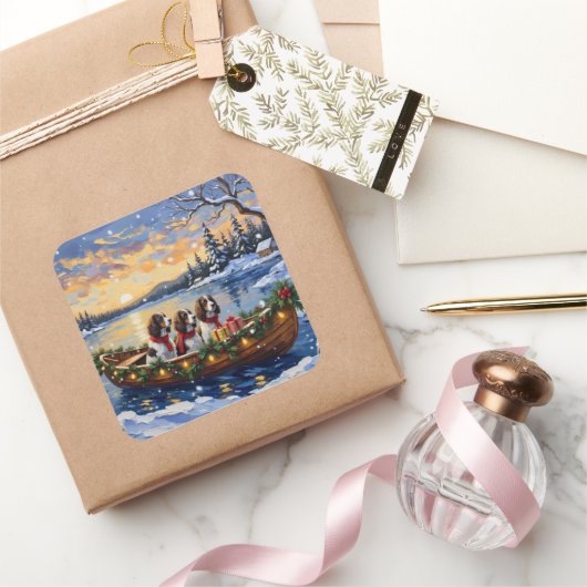 Sticker Carré Springer Spaniel Christmas Boat Holiday (Cadeaux)